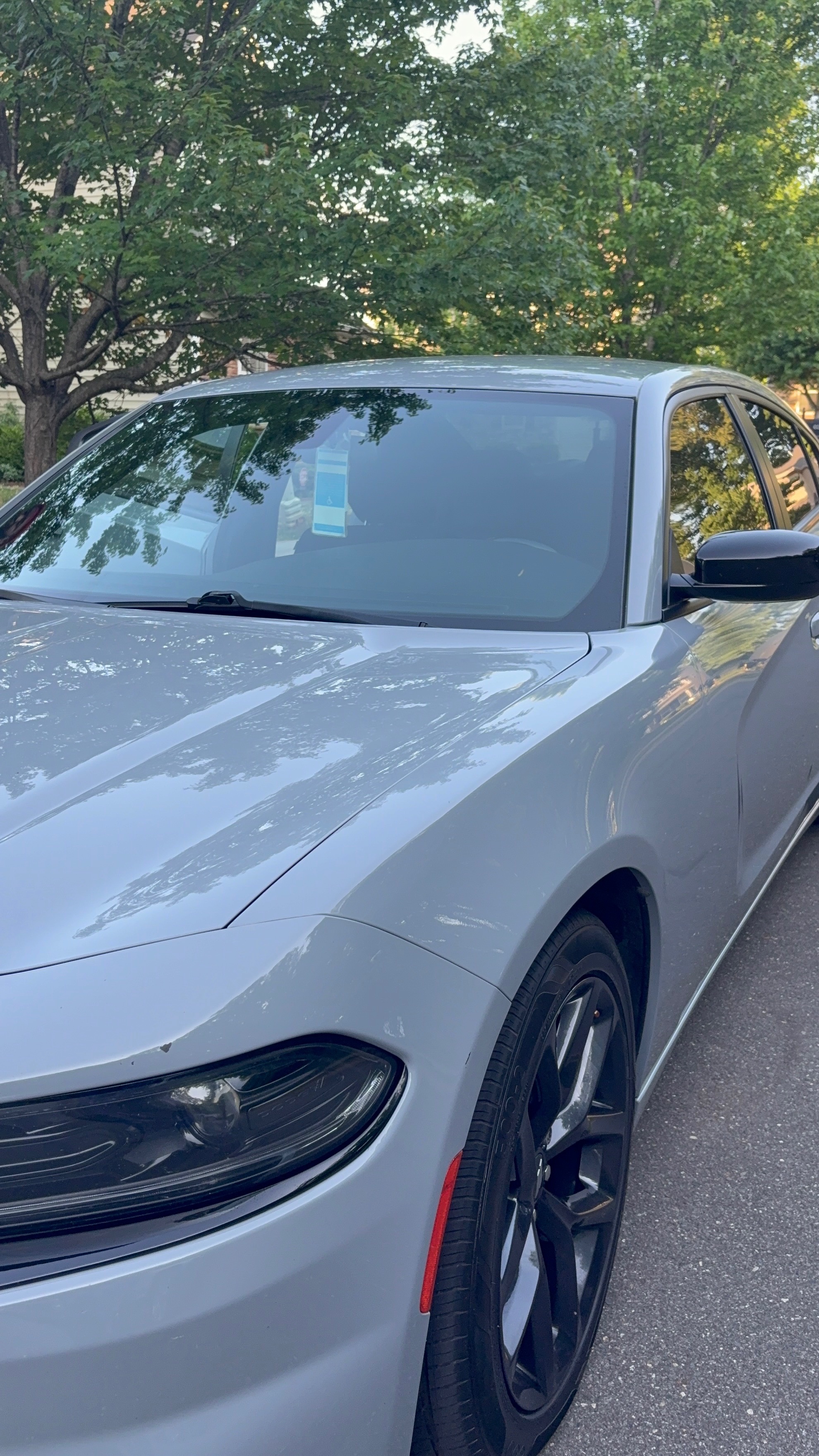 Silver Dodge Charger front end after a detail